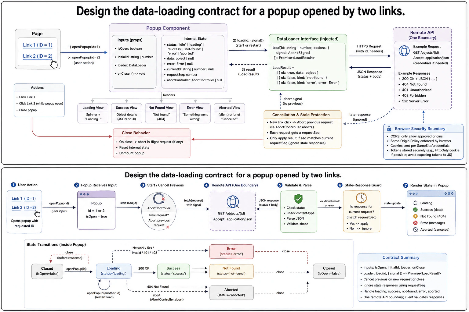 Design the data-loading contract for a popup opened by two links. diagram