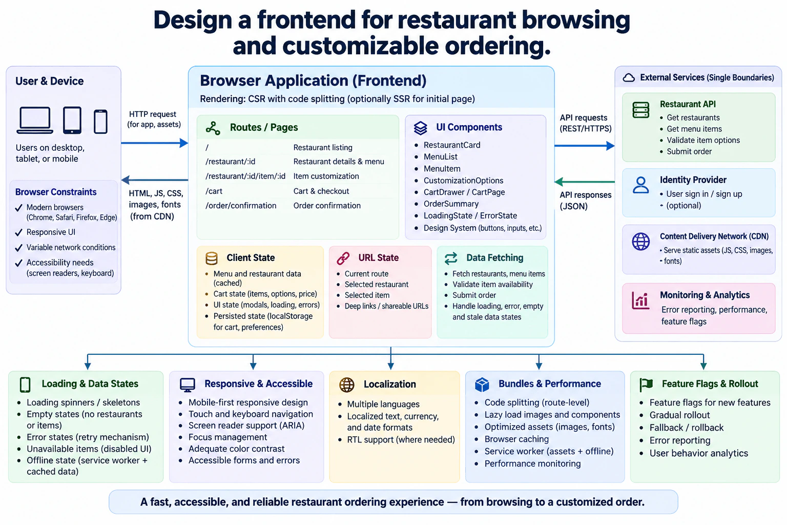 Design a frontend for restaurant browsing and customizable ordering. diagram