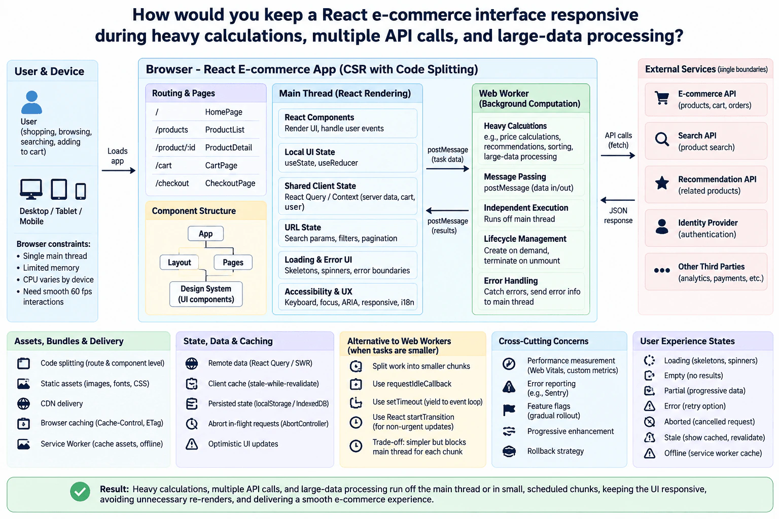 How would you keep a React e-commerce interface responsive during heavy calculations, multiple API calls, and large-data processing? diagram