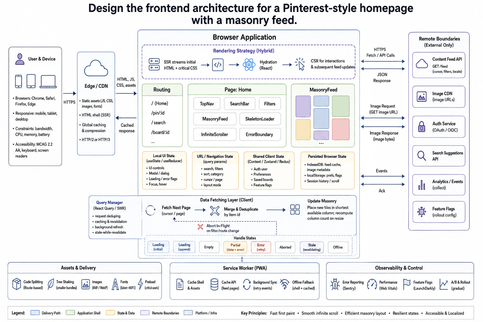 Design the frontend architecture for a Pinterest-style homepage with a masonry feed. diagram
