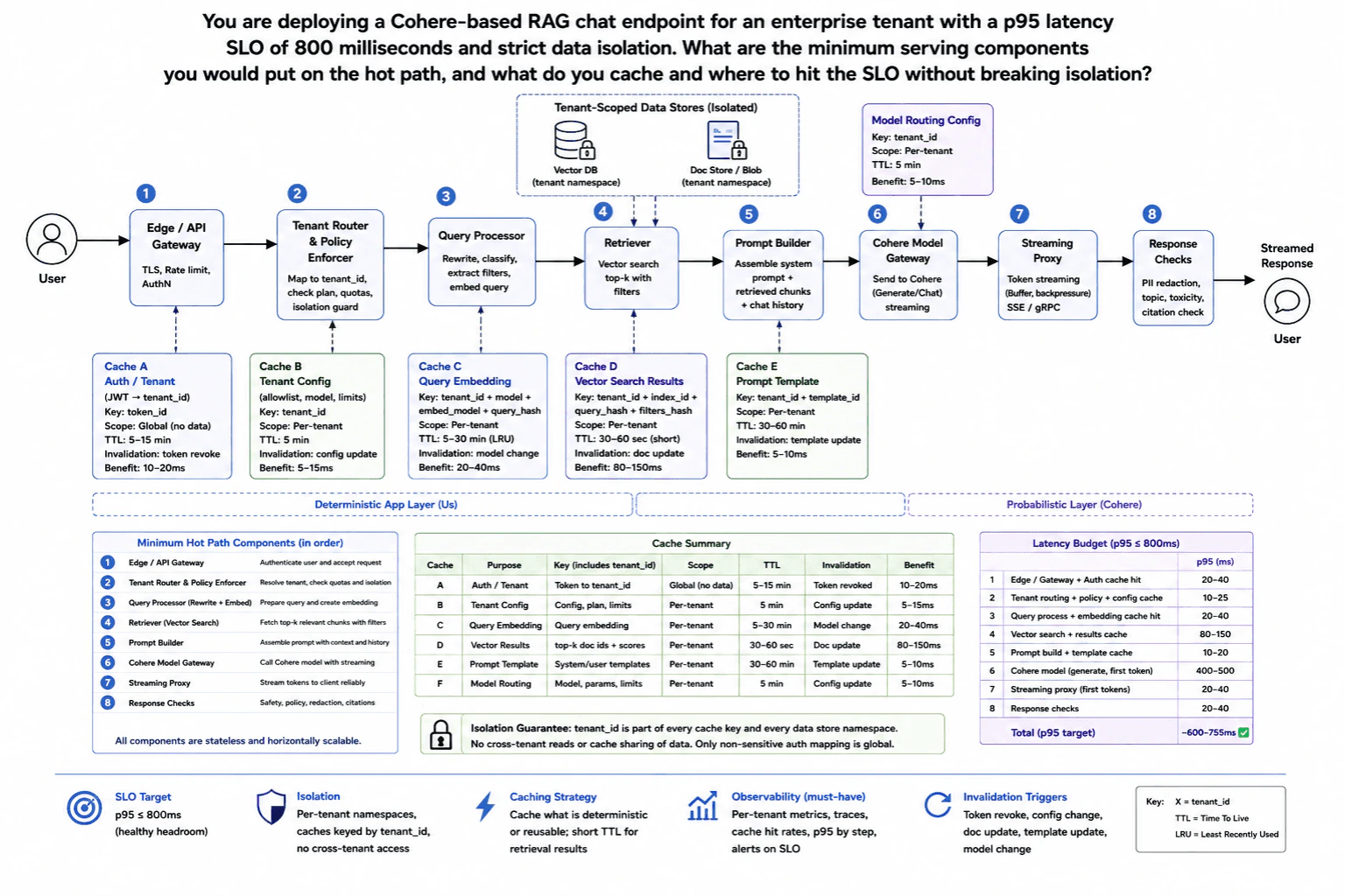You are deploying a Cohere-based RAG chat endpoint for an enterprise tenant with a p95 latency SLO of 800 milliseconds and strict data isolation. What are the minimum serving components you would put on the hot path, and what do you cache and where to hit the SLO without breaking isolation? diagram