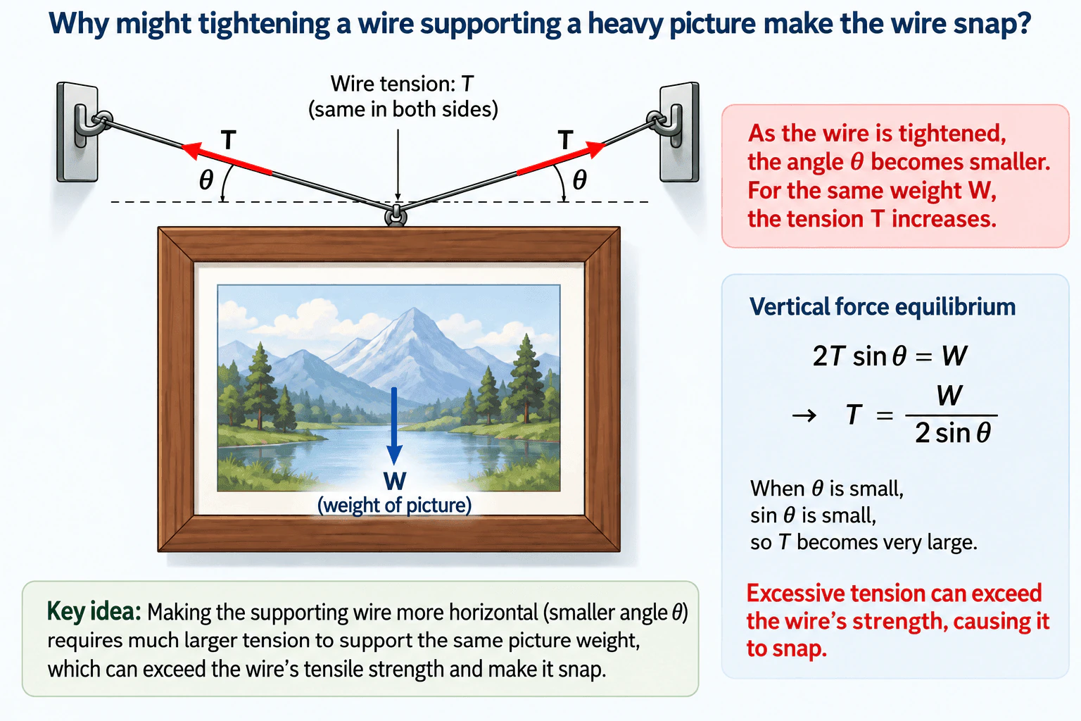 Why might tightening a wire supporting a heavy picture make the wire snap? diagram