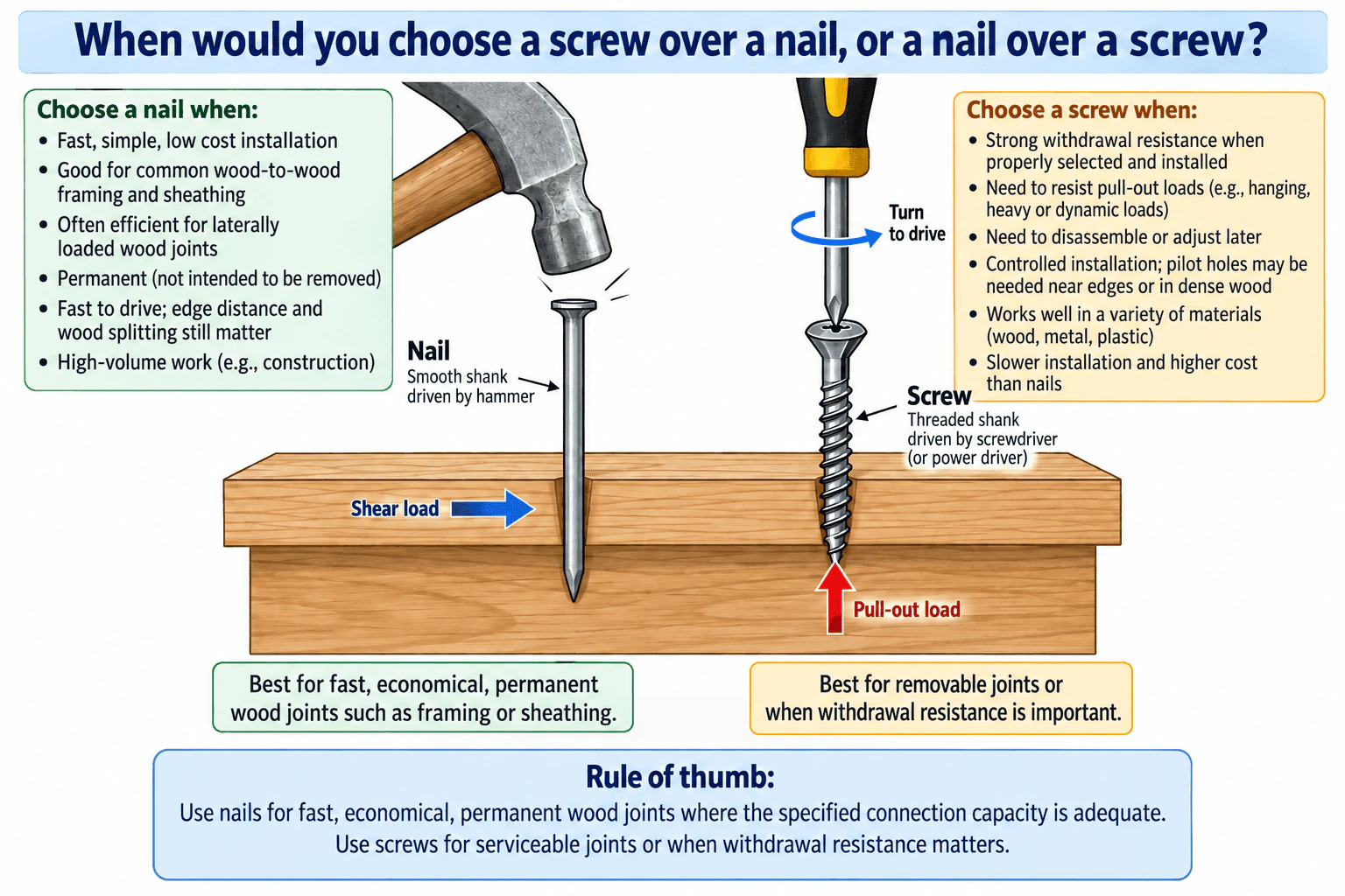 When would you choose a screw over a nail, or a nail over a screw? diagram