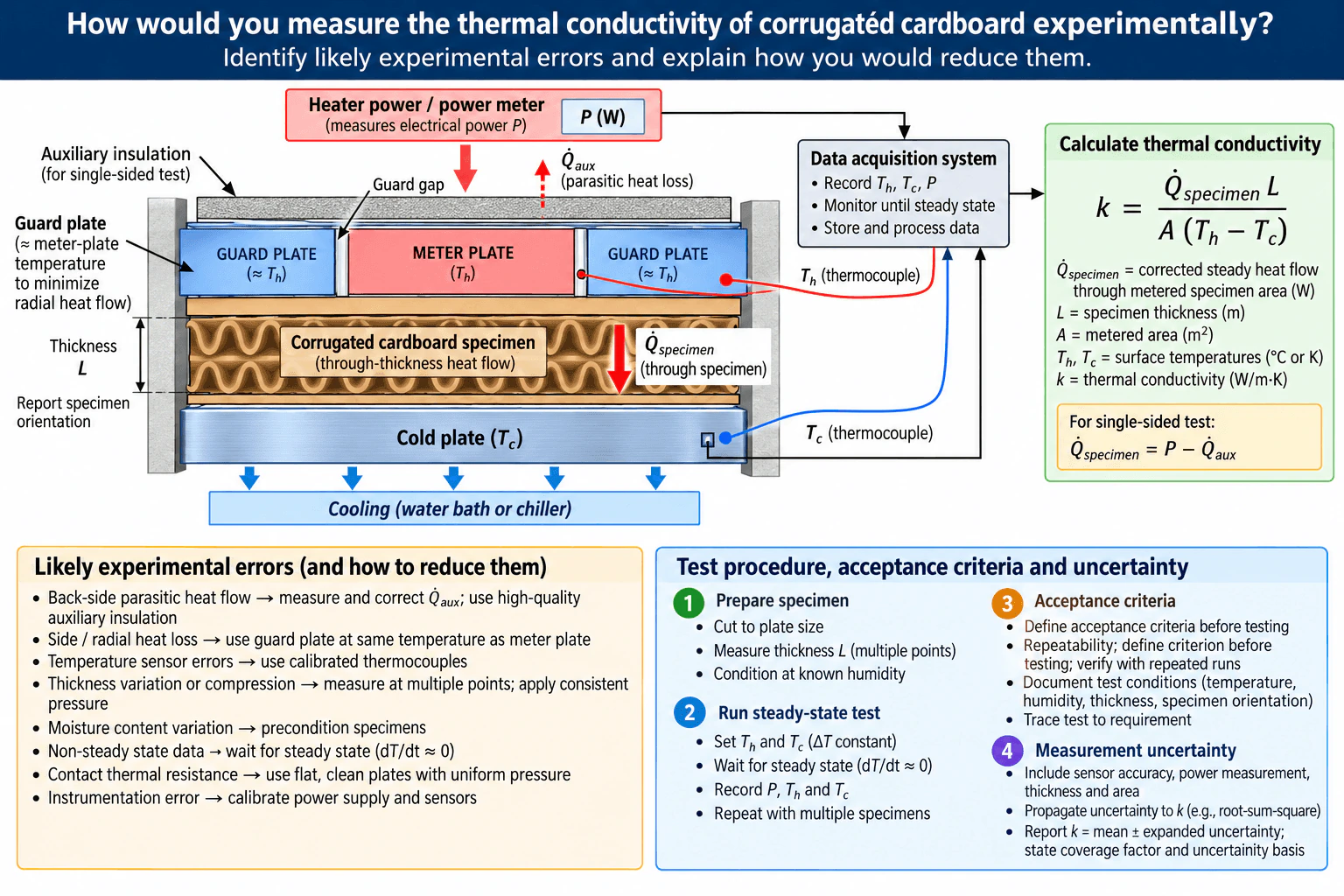 How would you measure the thermal conductivity of corrugated cardboard experimentally? diagram