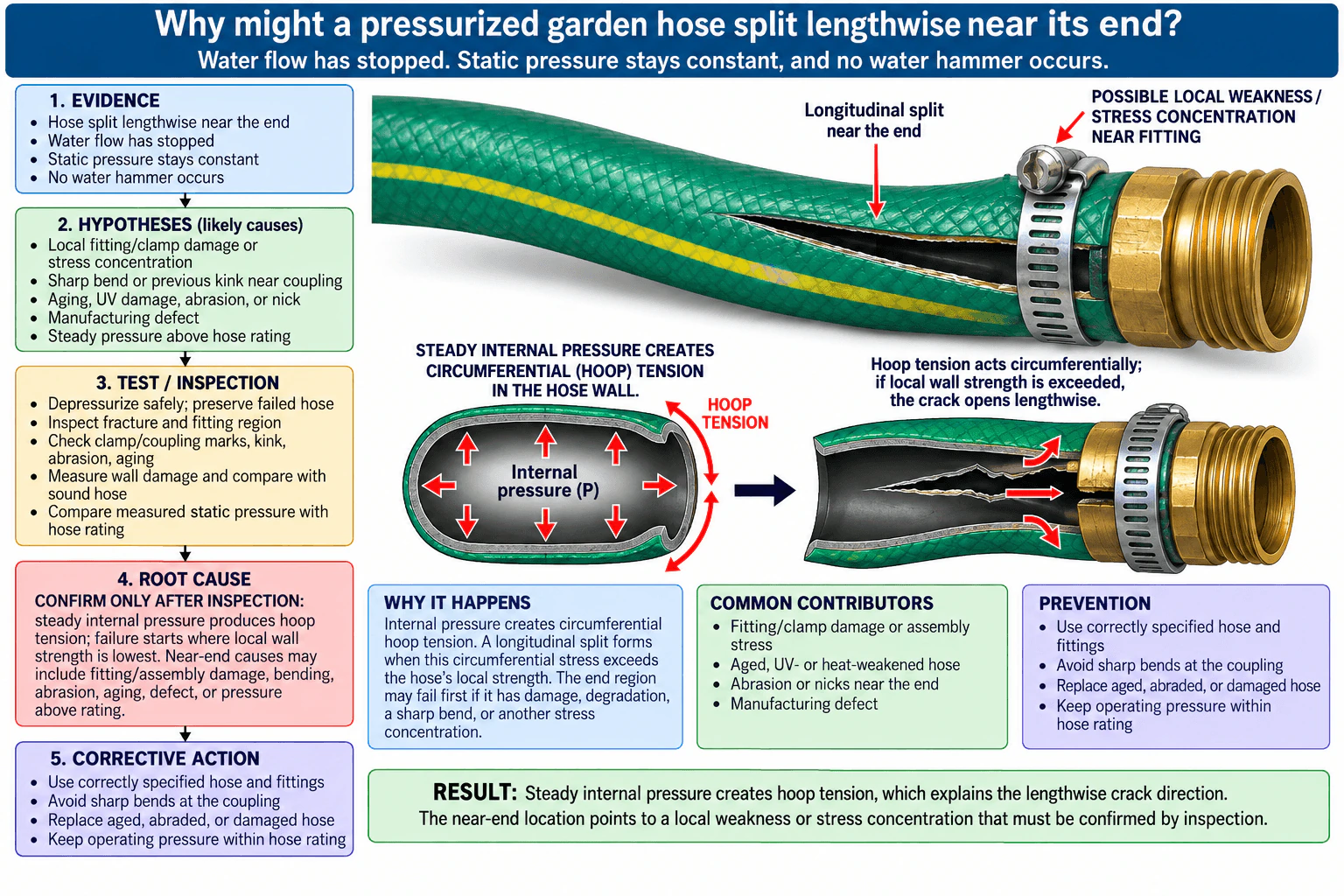 Why might a pressurized garden hose split lengthwise near its end? diagram