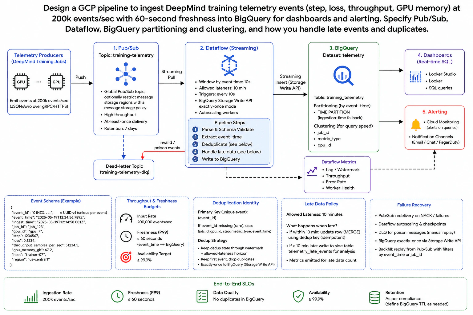 Design a GCP pipeline to ingest DeepMind training telemetry events (step, loss, throughput, GPU memory) at 200k events/sec with 60-second freshness into BigQuery for dashboards and alerting. Specify Pub/Sub, Dataflow, BigQuery partitioning and clustering, and how you handle late events and duplicates. diagram