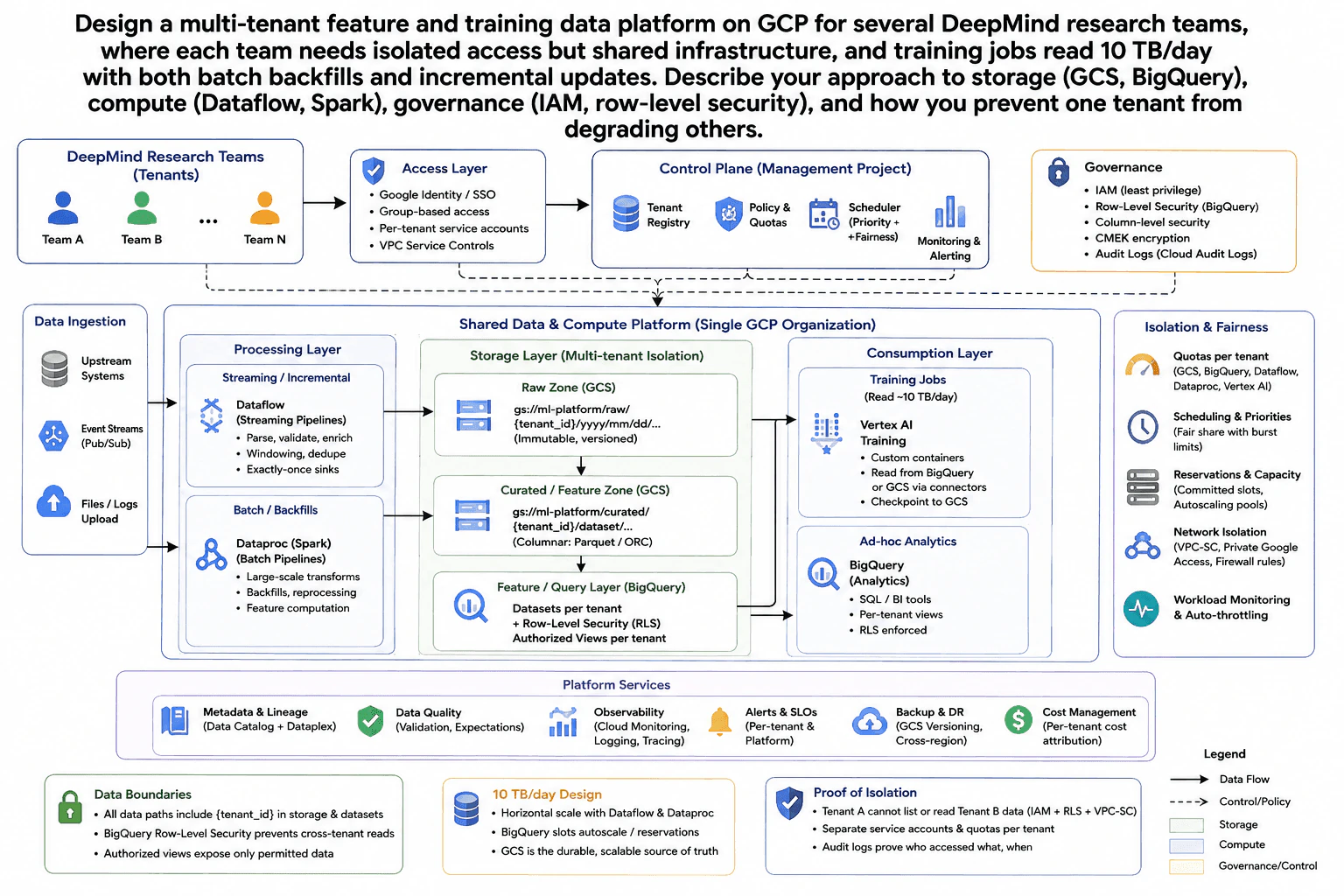 Design a multi-tenant feature and training data platform on GCP for several DeepMind research teams, where each team needs isolated access but shared infrastructure, and training jobs read 10 TB/day with both batch backfills and incremental updates. Describe your approach to storage (GCS, BigQuery), compute (Dataflow, Spark), governance (IAM, row-level security), and how you prevent one tenant from degrading others. diagram