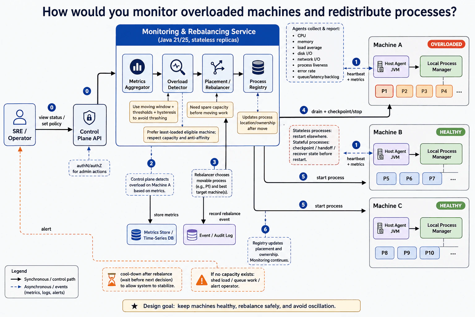How would you monitor overloaded machines and redistribute processes? diagram