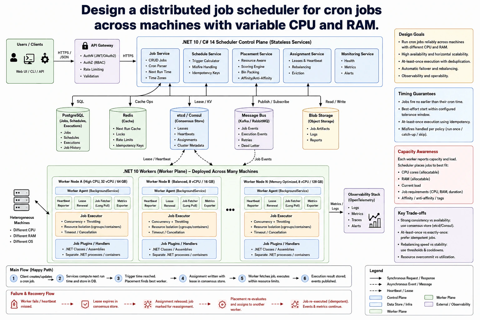 Design a distributed job scheduler for cron jobs across machines with variable CPU and RAM. diagram