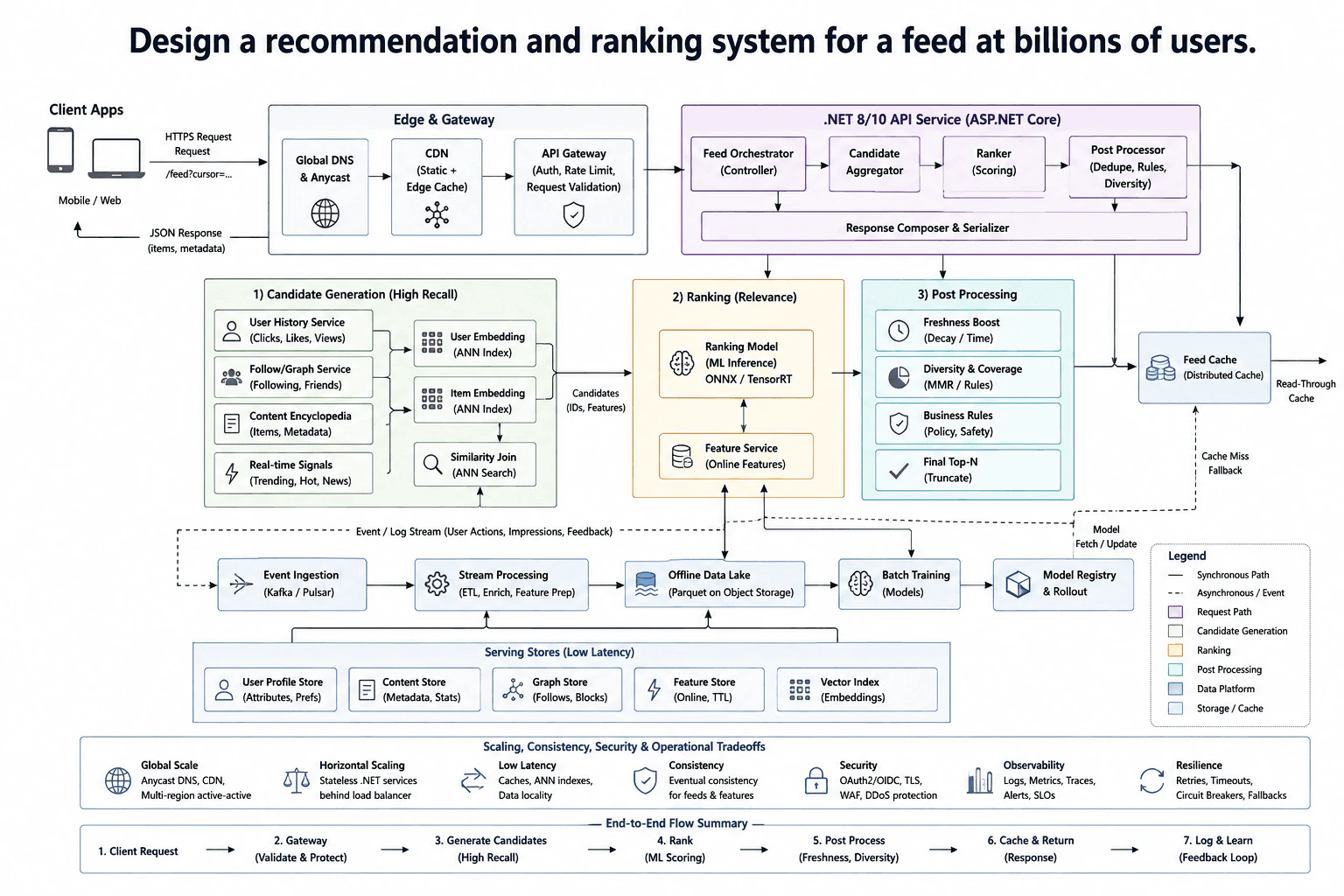 Design a recommendation and ranking system for a feed at billions of users. diagram