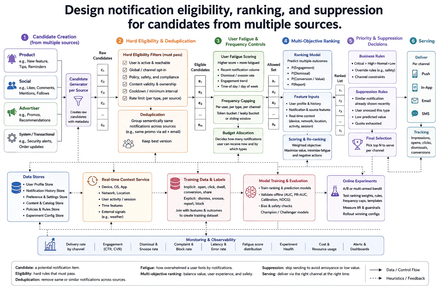 Design notification eligibility, ranking, and suppression for candidates from multiple sources. diagram