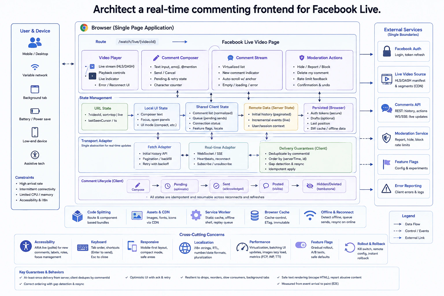 Architect a real-time commenting frontend for Facebook Live. diagram