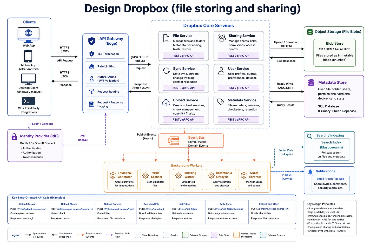 Design Dropbox (file storing and sharing) diagram