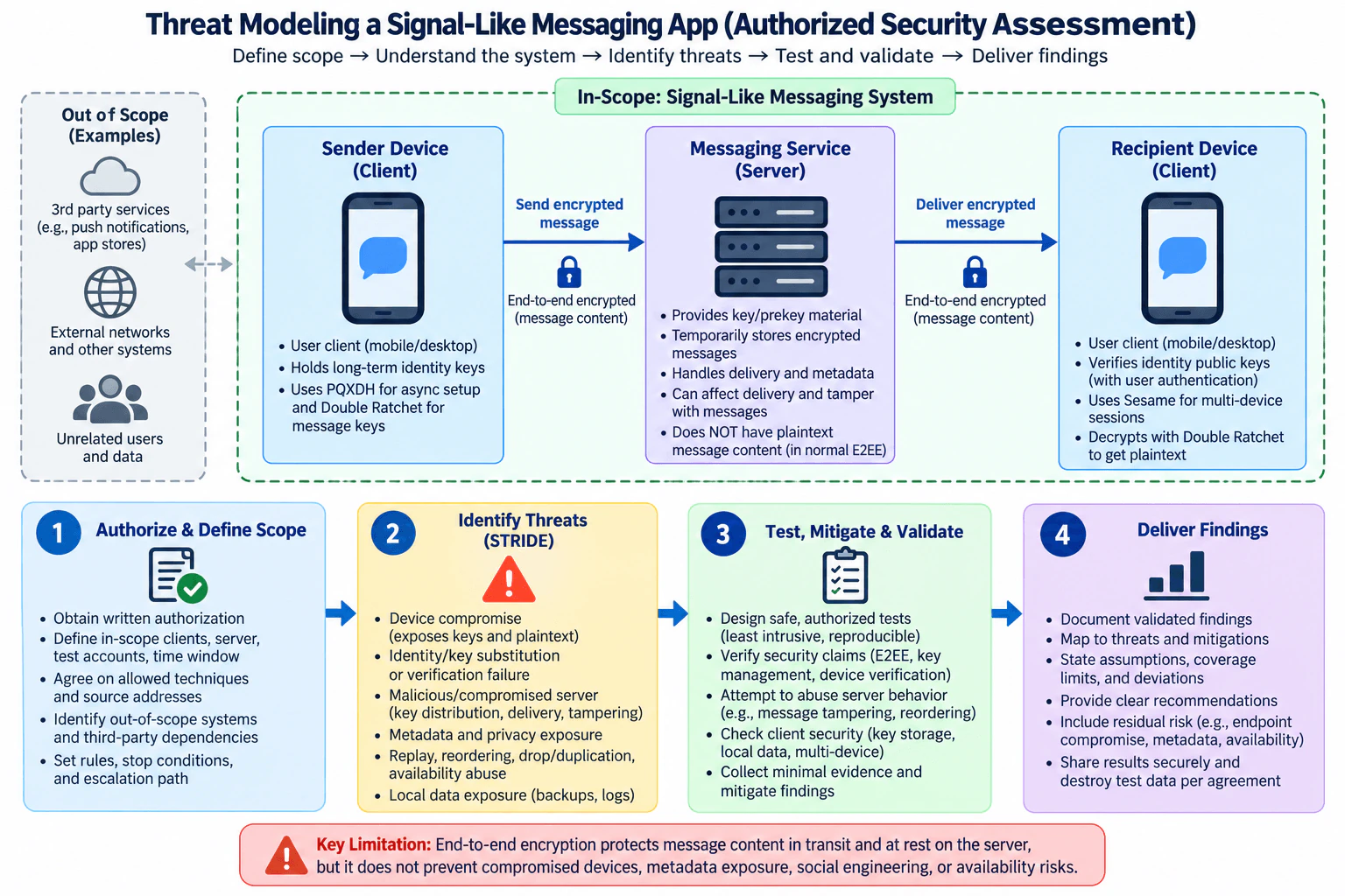How would you threat-model a Signal-like messaging application during an explicitly authorized security assessment? diagram
