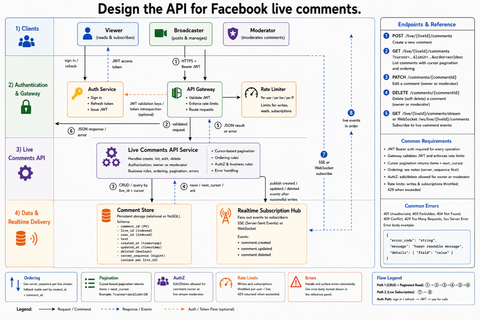 Design the API for Facebook live comments. diagram