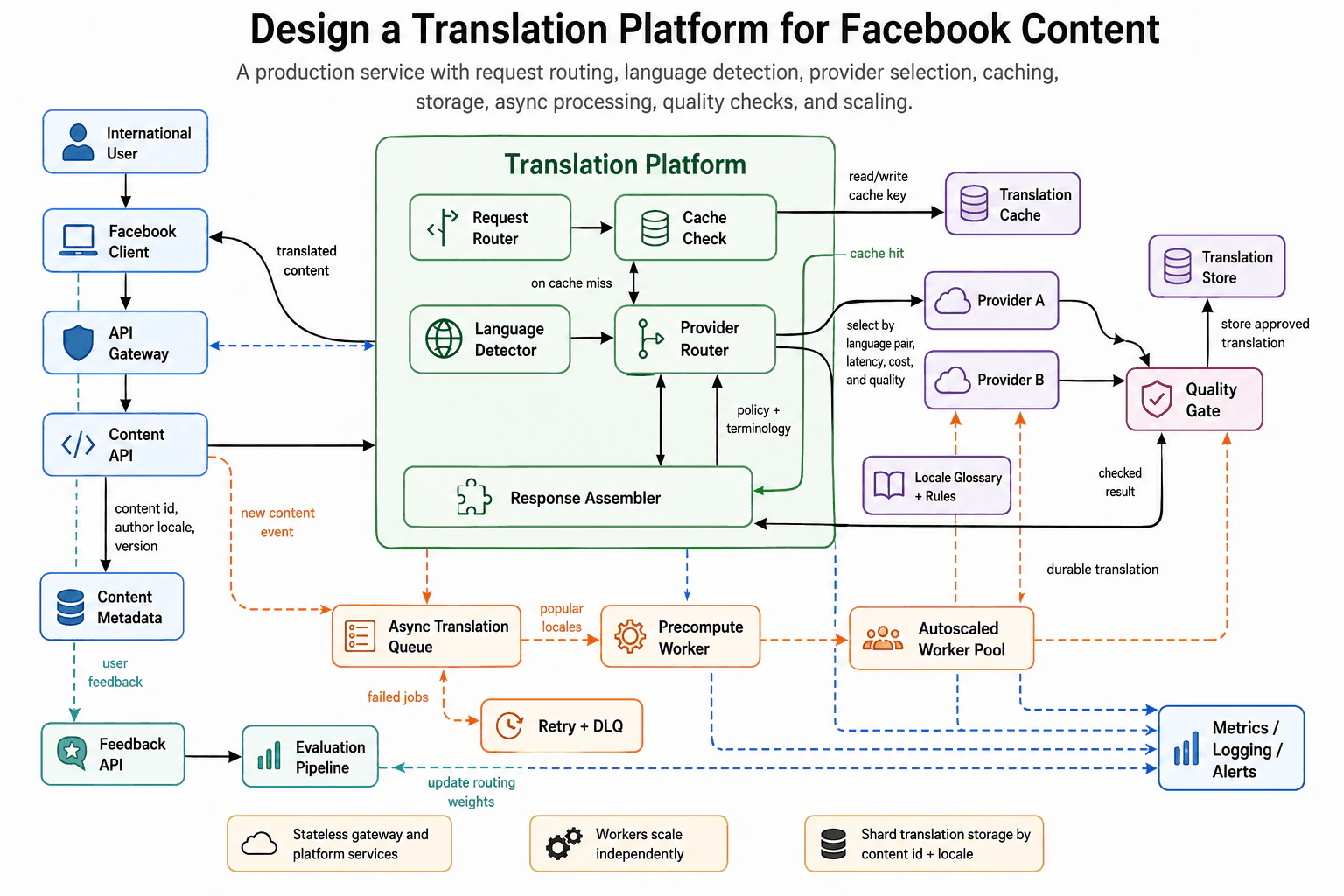Design a system that translates Facebook content for international users. diagram
