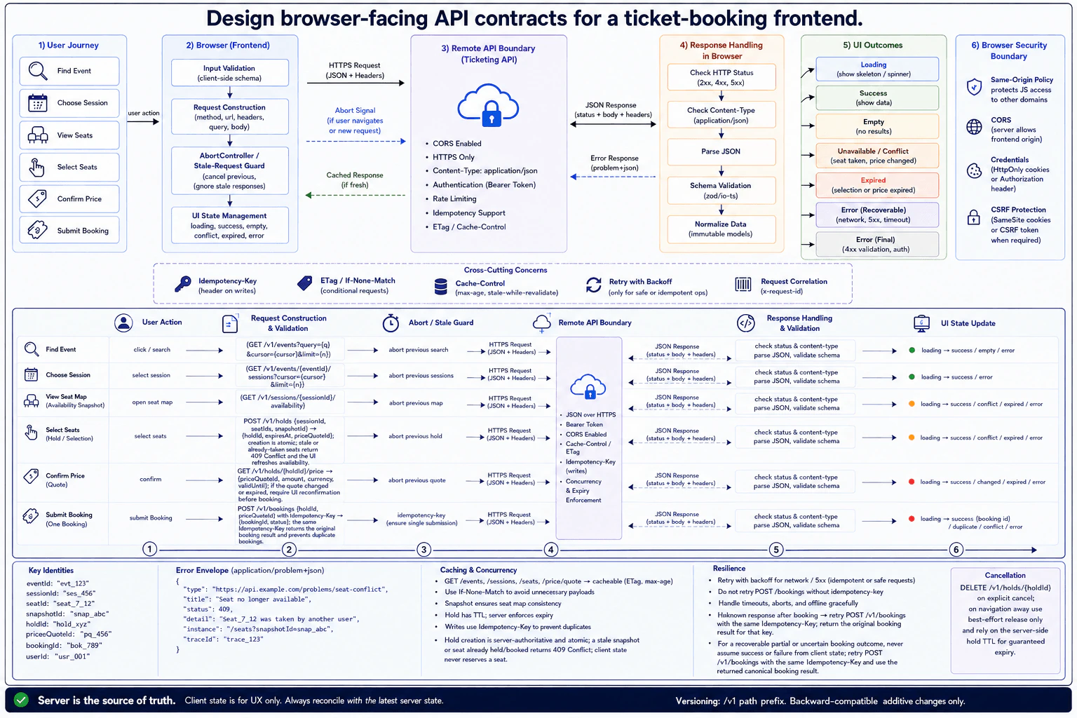 Design browser-facing API contracts for a ticket-booking frontend. diagram