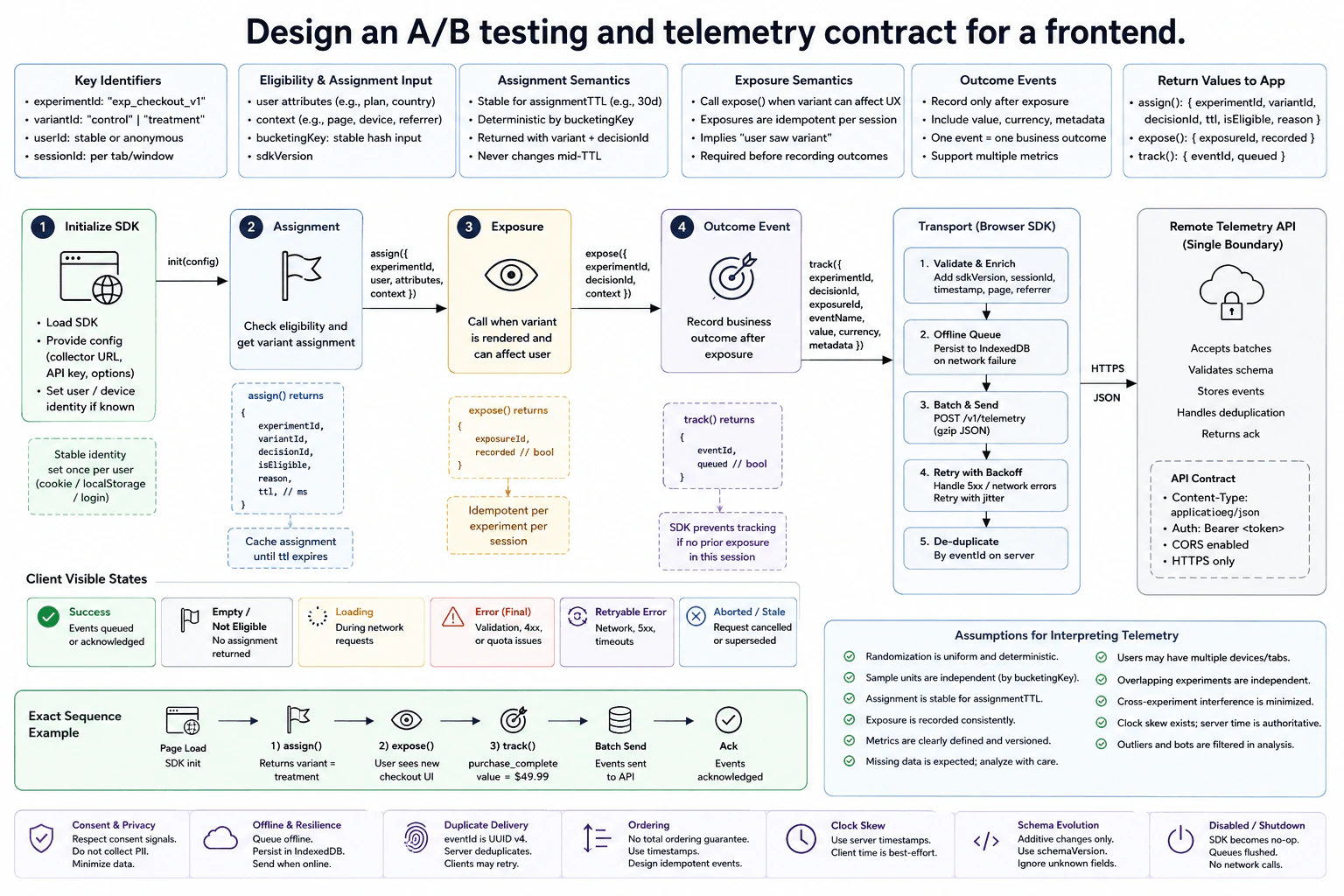 Design an A/B testing and telemetry contract for a frontend. diagram