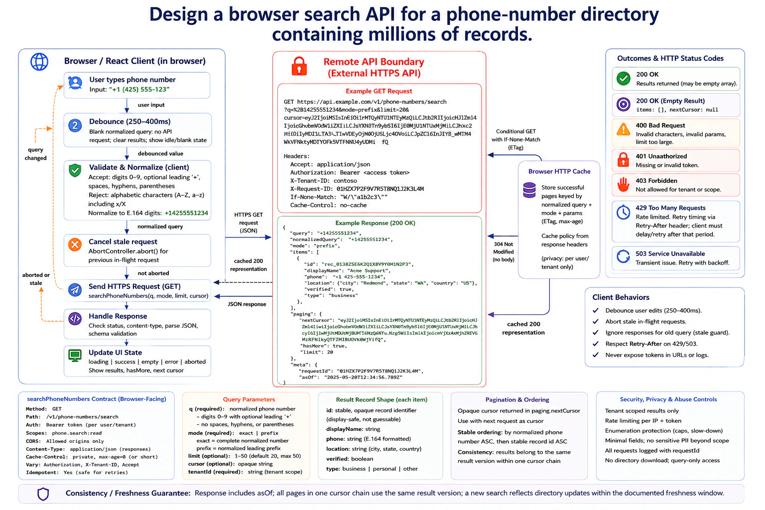 Design a browser search API for a phone-number directory containing millions of records. diagram