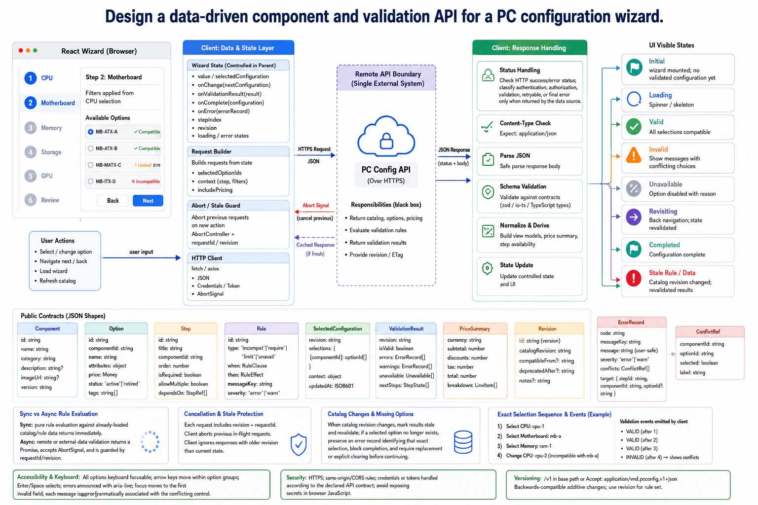 Design a data-driven component and validation API for a PC configuration wizard. diagram