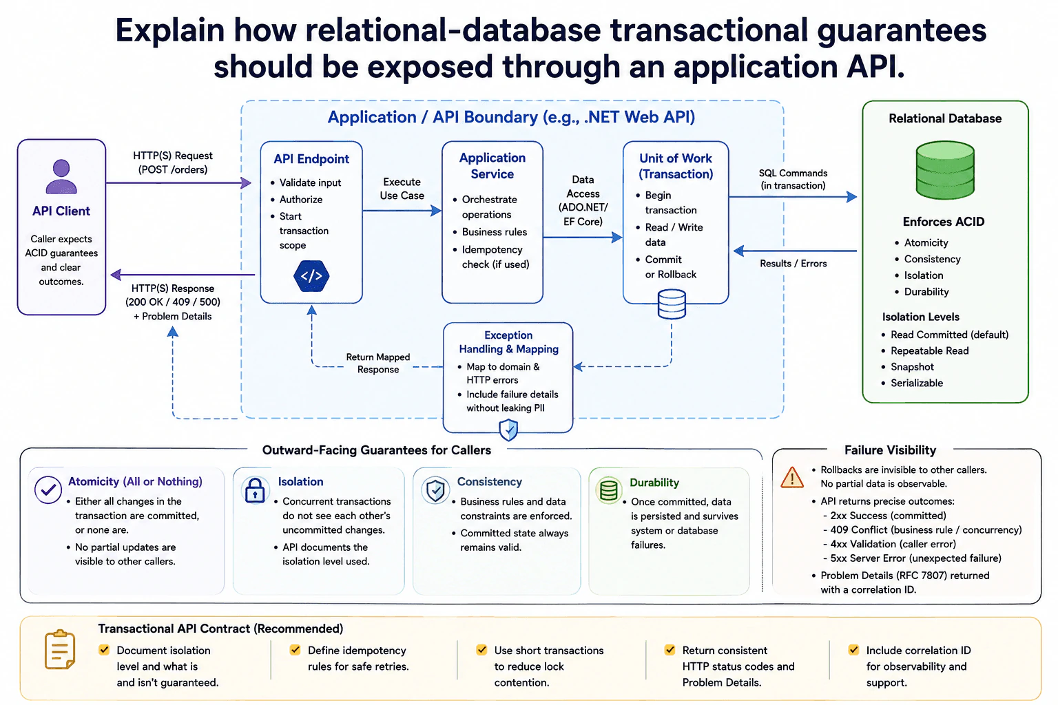 Explain how relational-database transactional guarantees should be exposed through an application API. diagram