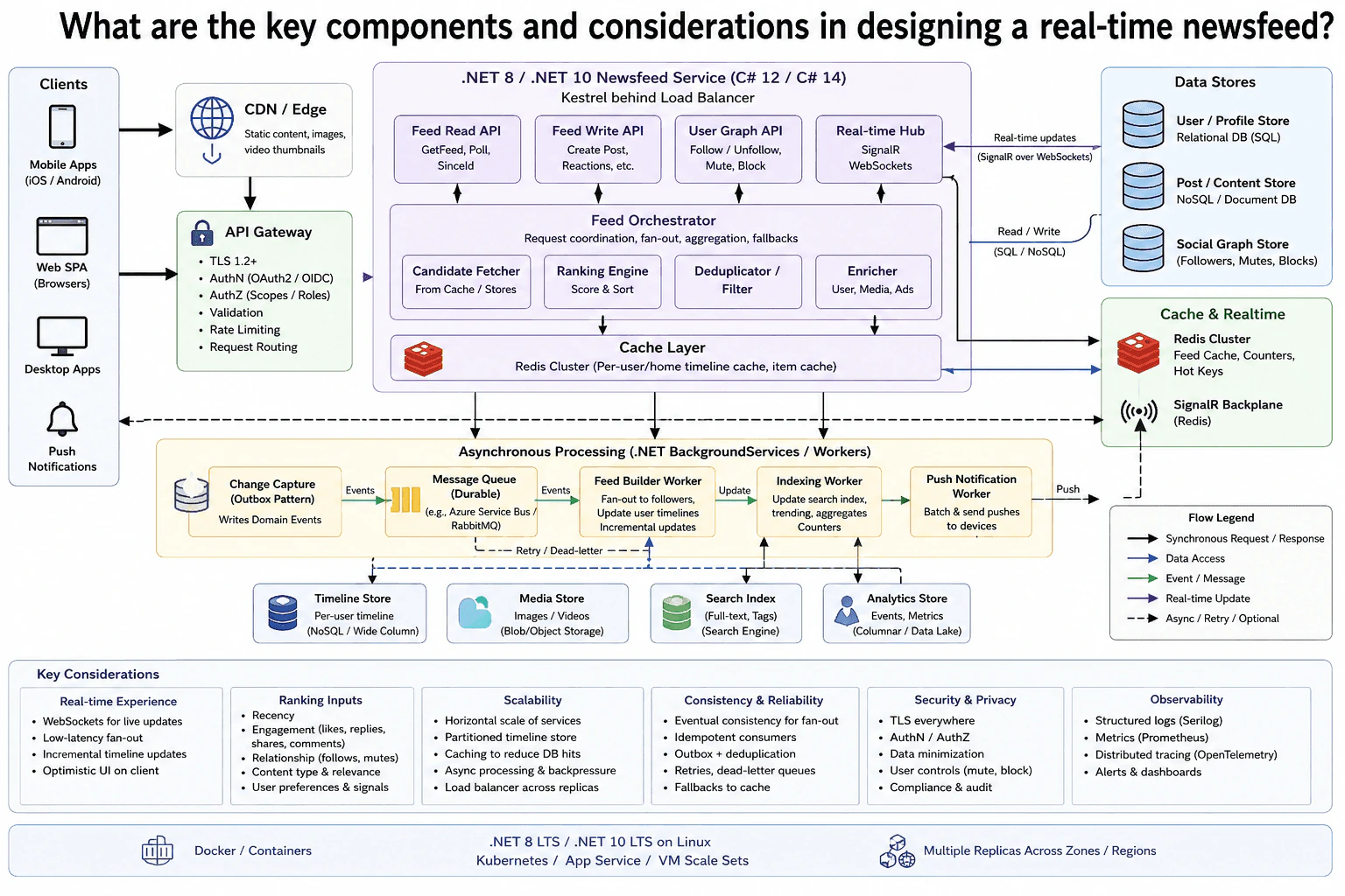 What are the key components and considerations in designing a real-time newsfeed? diagram