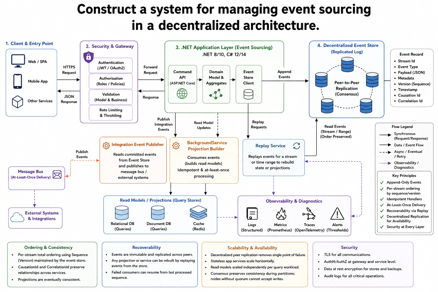 Construct a system for managing event sourcing in a decentralized architecture. diagram