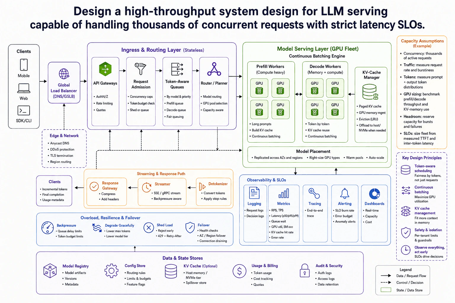 Design a high-throughput system design for LLM serving capable of handling thousands of concurrent requests with strict latency SLOs. diagram