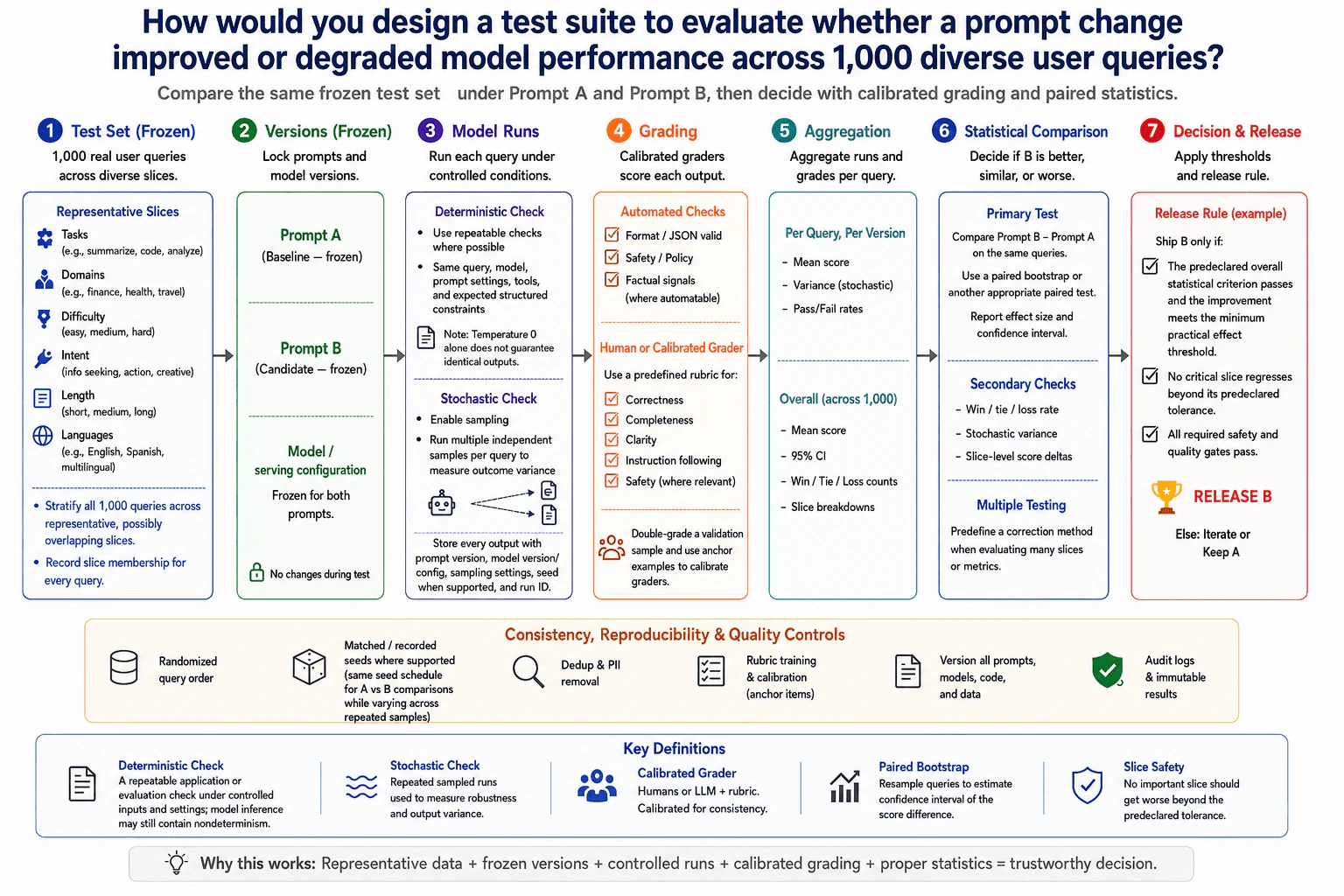 How would you design a test suite to evaluate whether a prompt change improved or degraded model performance across 1,000 diverse user queries? diagram
