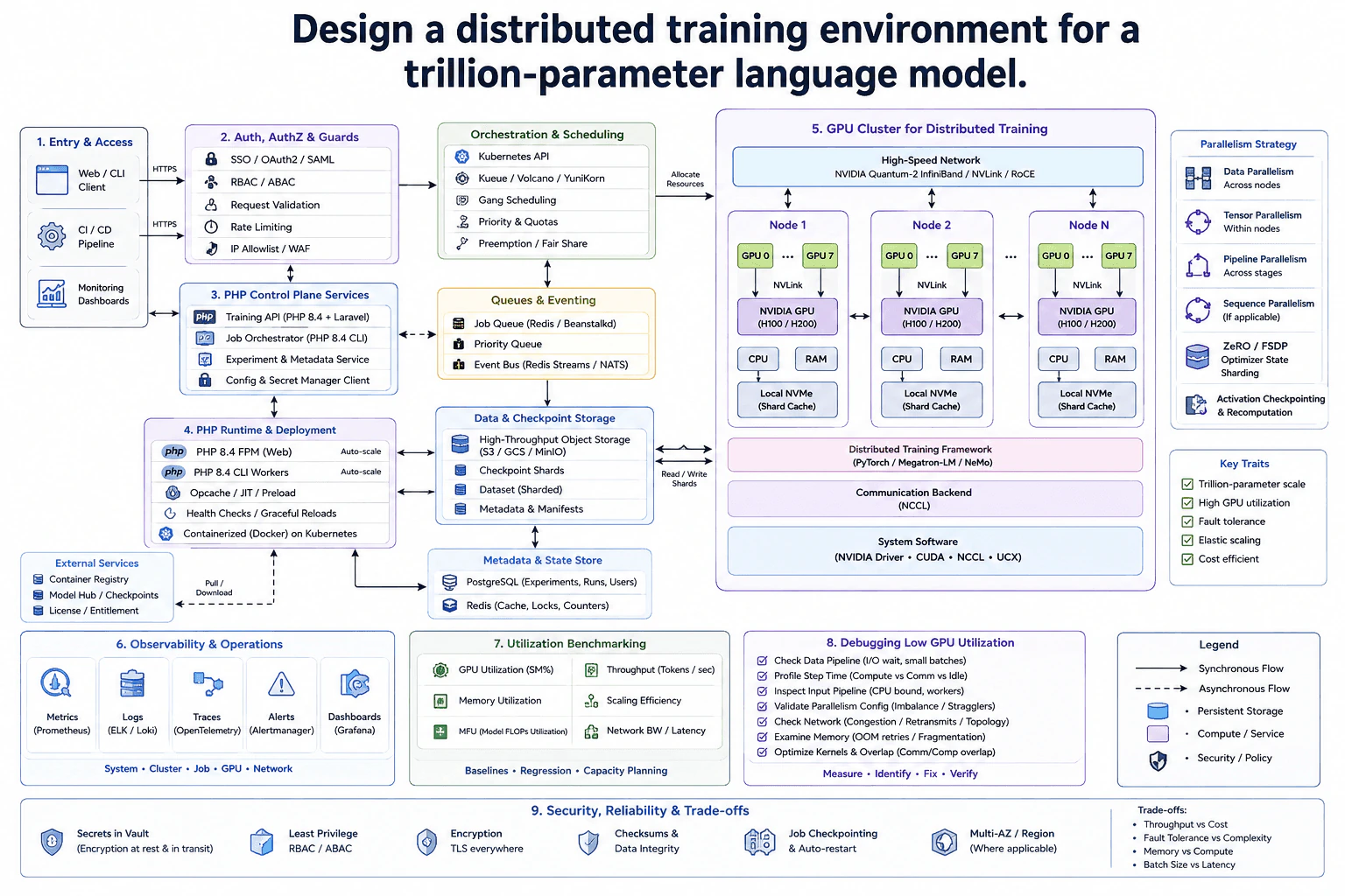 Design a distributed training environment for a trillion-parameter language model. diagram