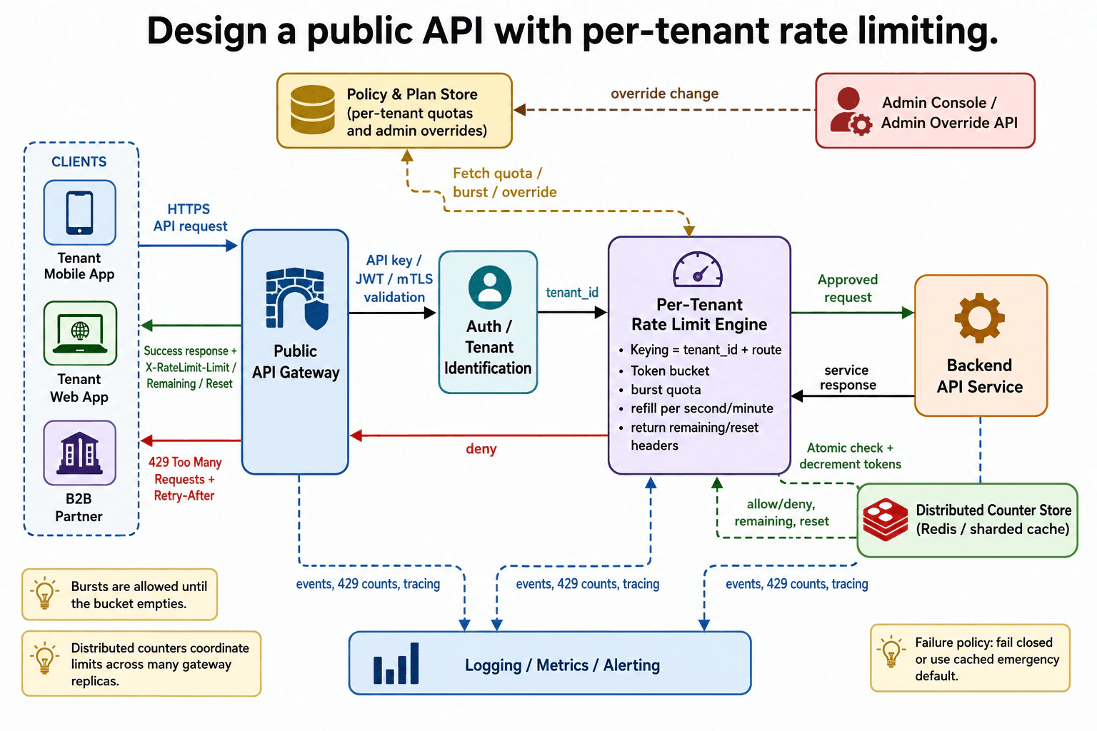 Design a public API with per-tenant rate limiting. diagram