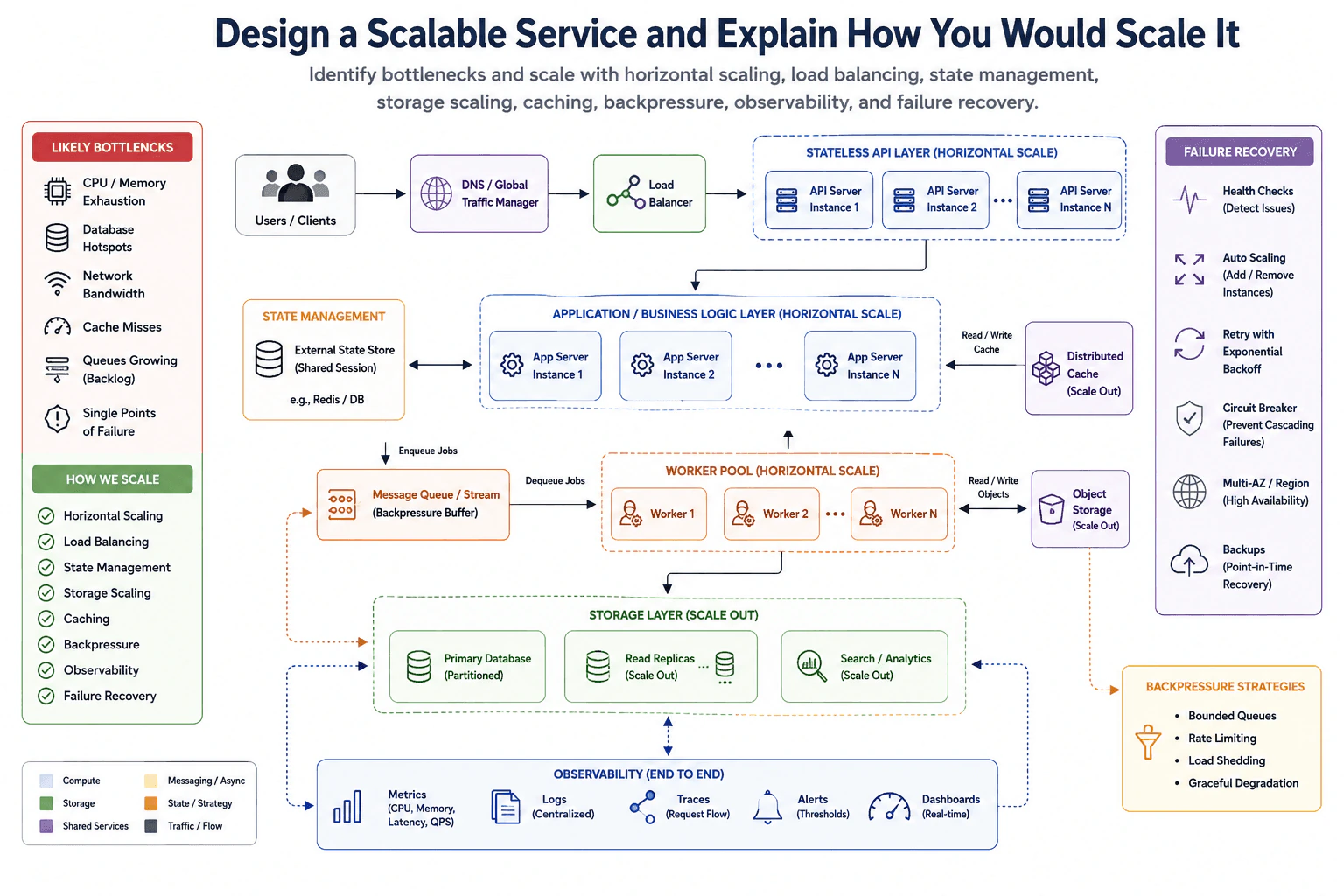 Design a scalable service and explain how you would scale it. diagram