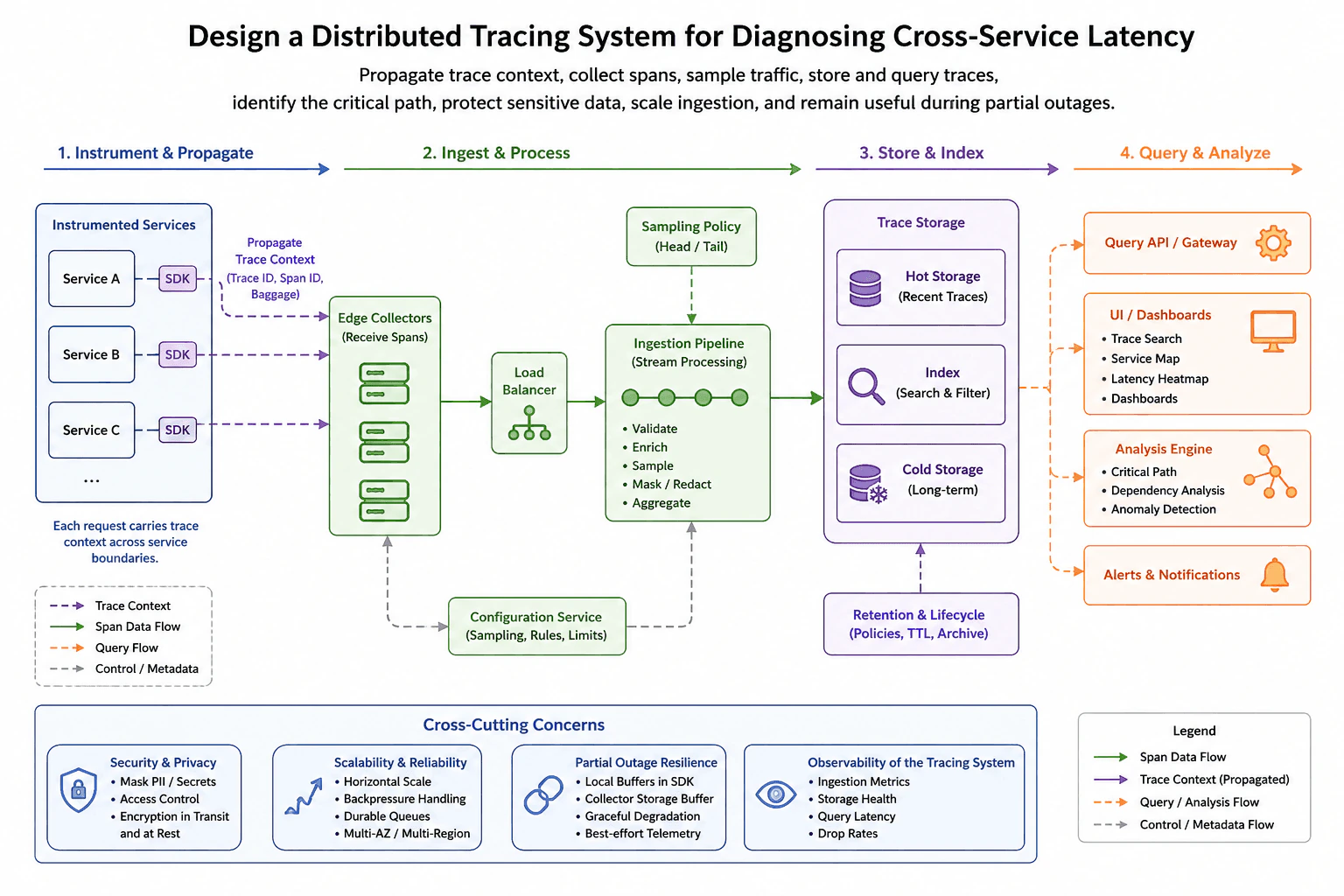 Design a distributed tracing system for diagnosing cross-service latency. diagram
