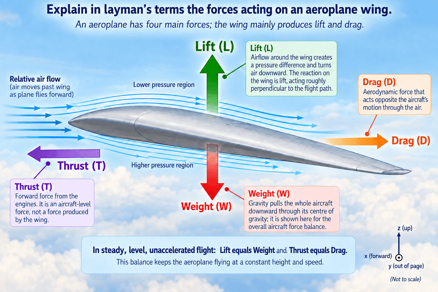Explain in layman's terms the forces acting on an aeroplane wing. diagram
