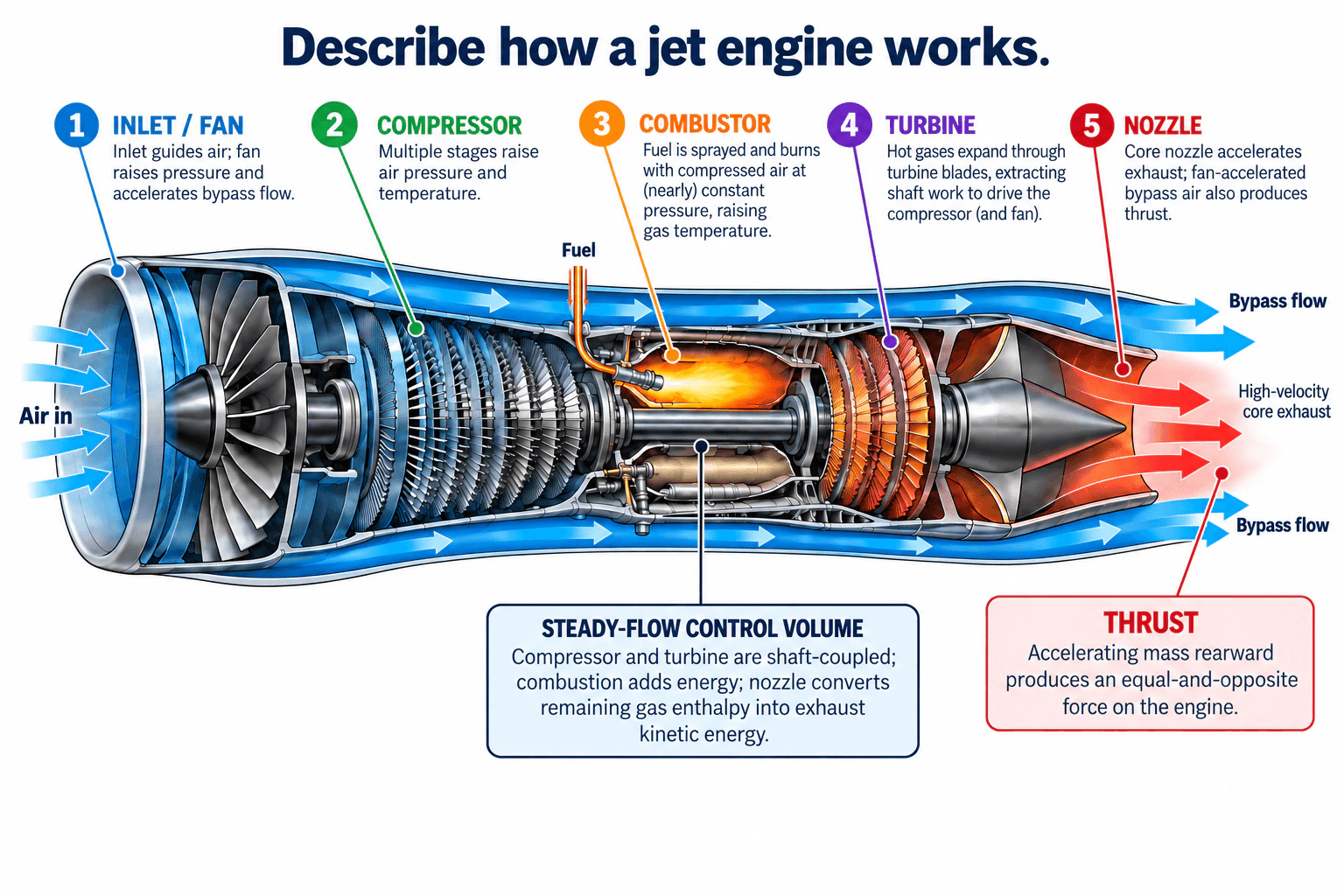 Describe how a jet engine works. diagram