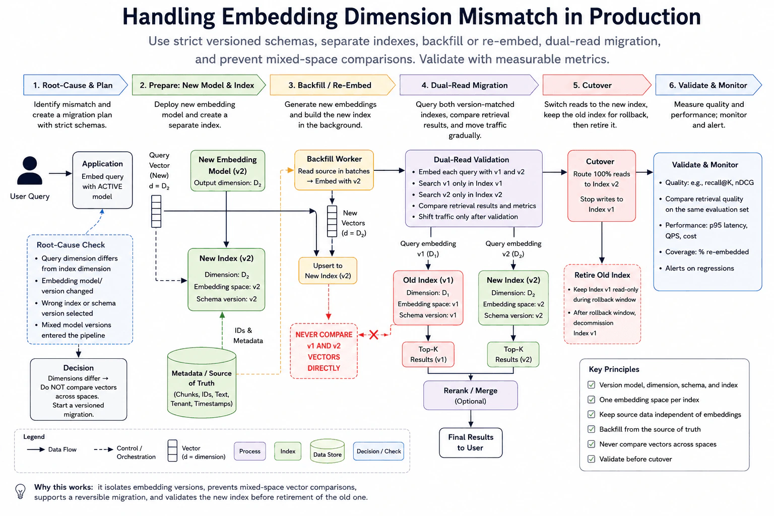 Your new embedding model has different dimensions from the existing vectors in production. How do you handle the mismatch? diagram