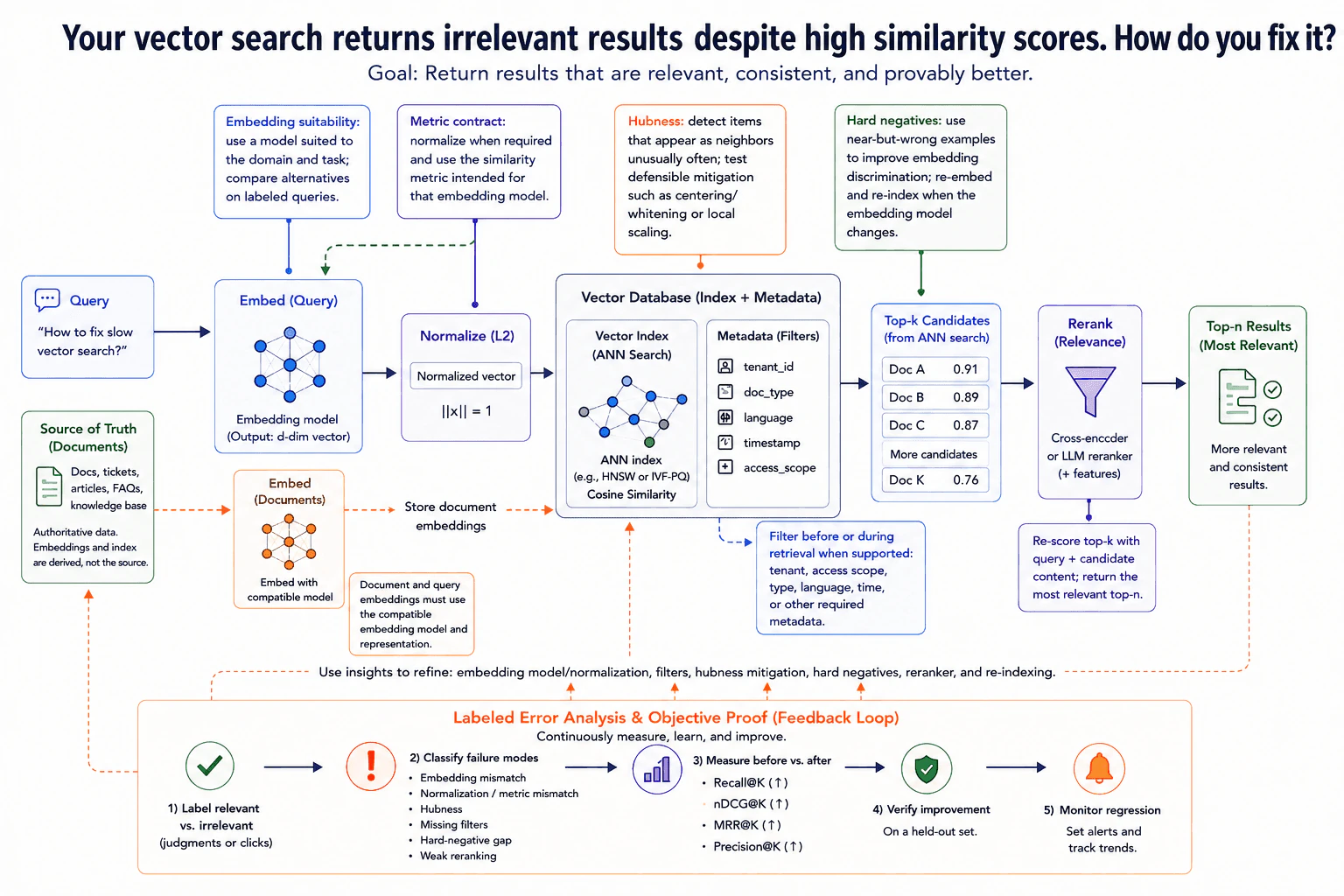Your vector search returns irrelevant results despite high similarity scores. How do you fix it? diagram