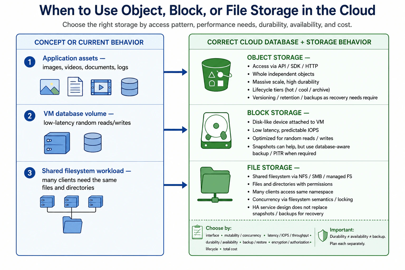 When should a cloud workload use object, block, or file storage? diagram