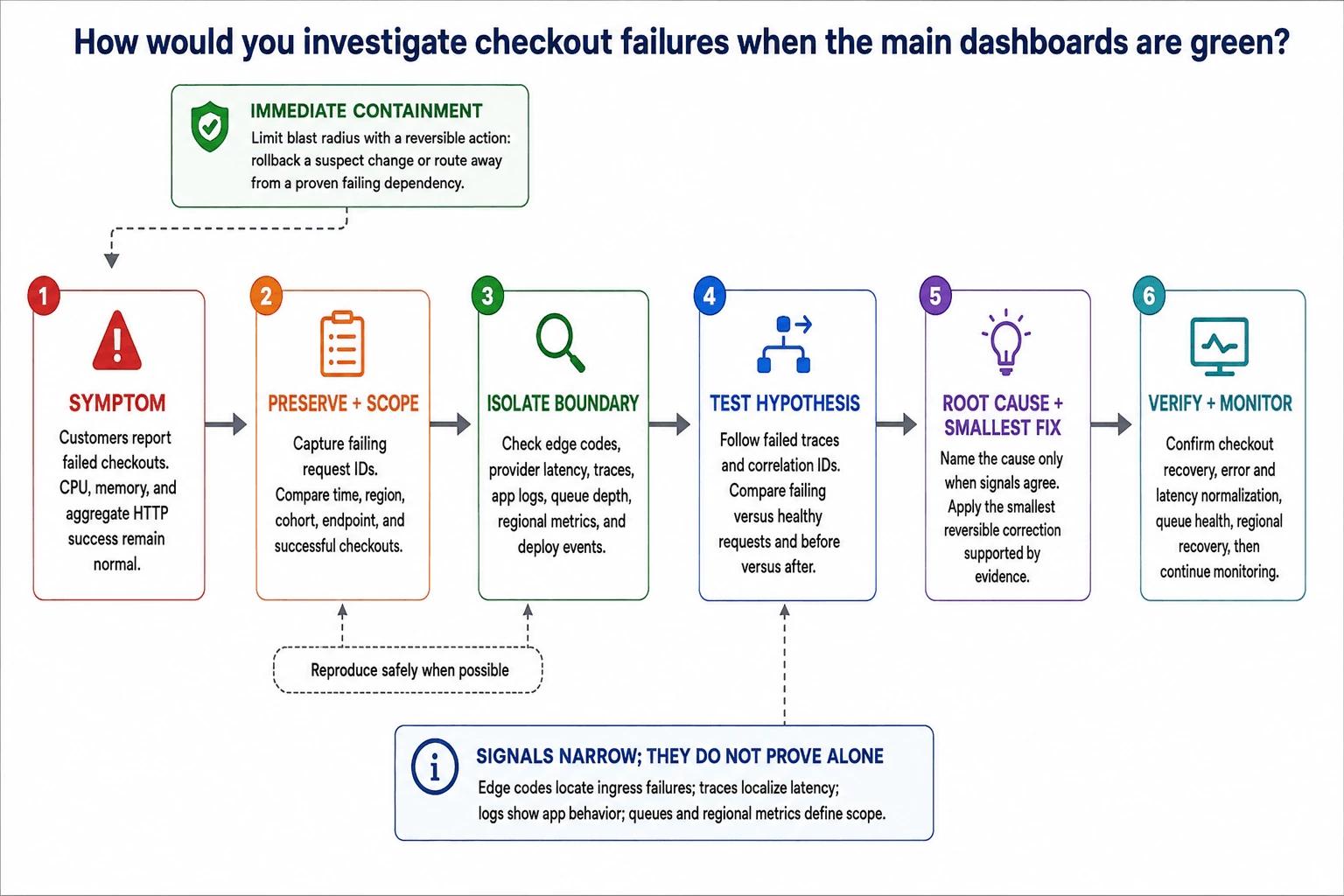 How would you investigate checkout failures when the main dashboards are green? diagram