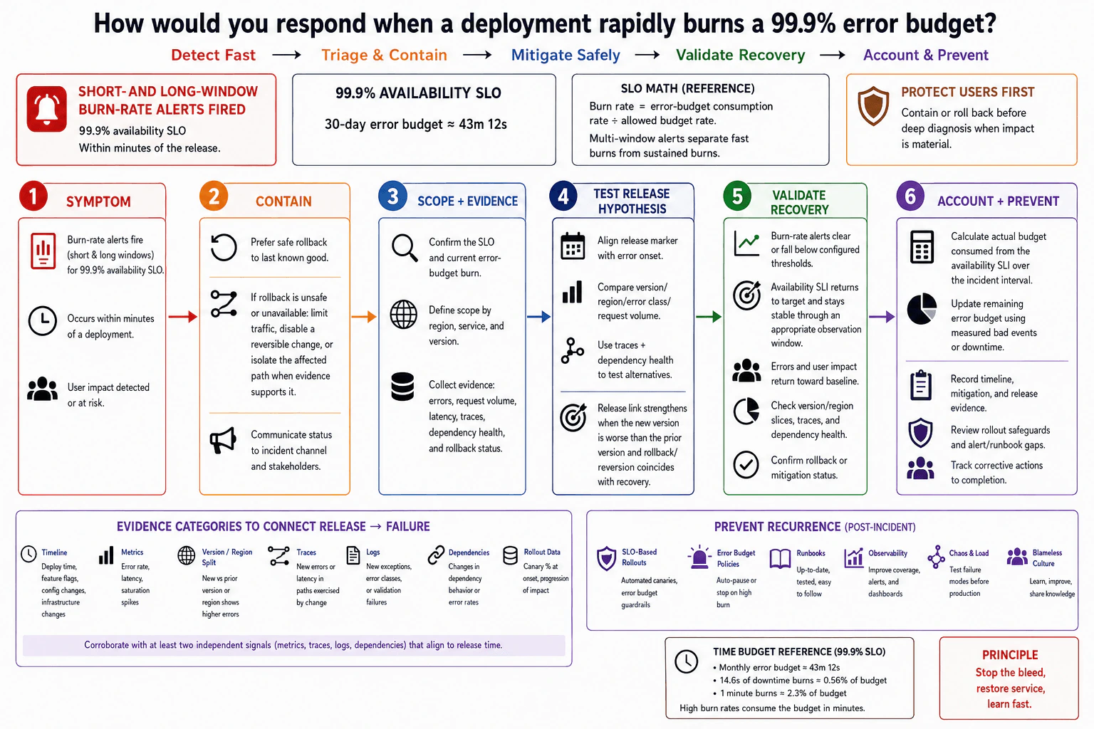 How would you respond when a deployment rapidly burns a 99.9% error budget? diagram
