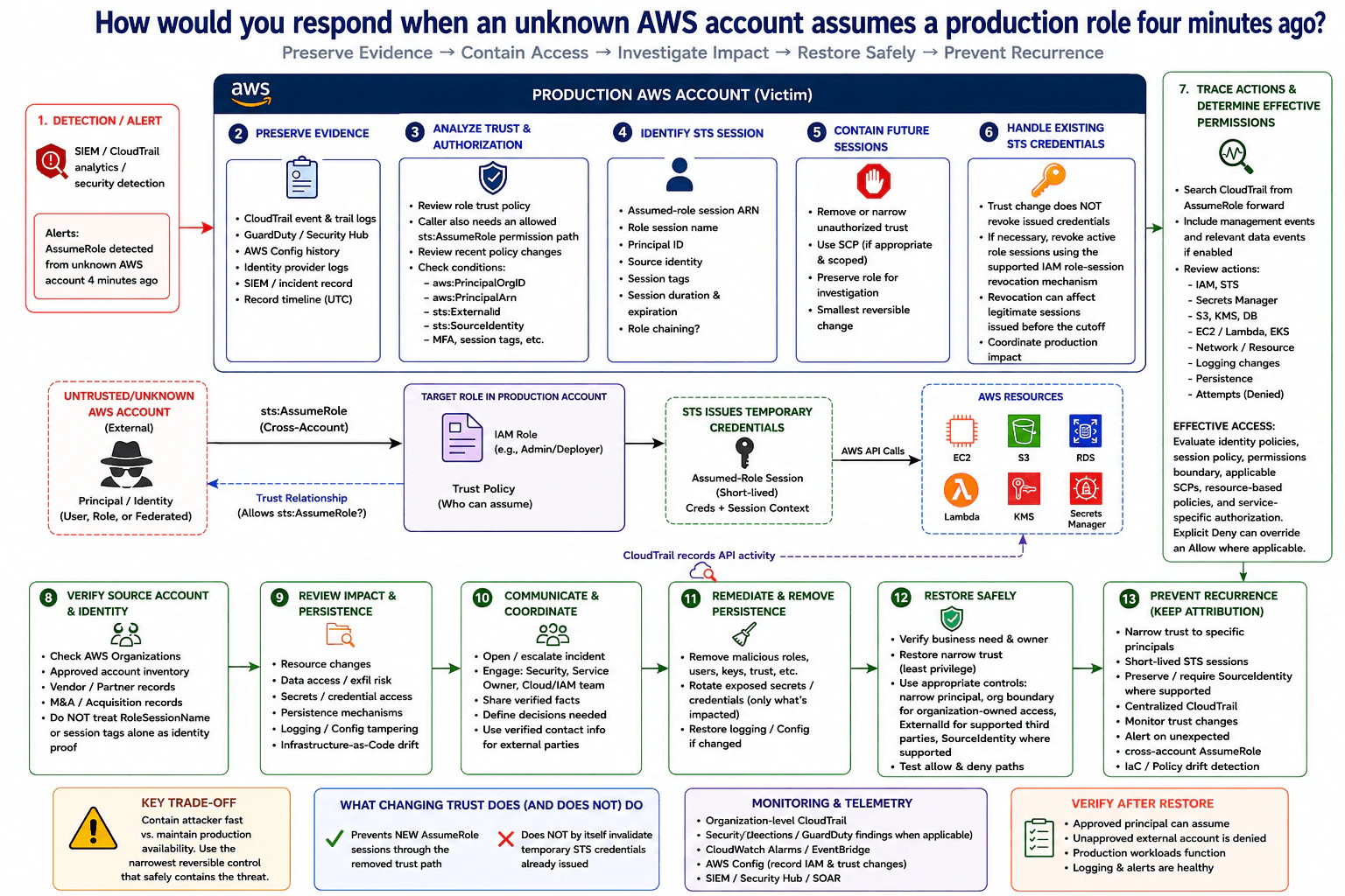 How would you respond when an unknown AWS account assumes a production role four minutes ago? diagram