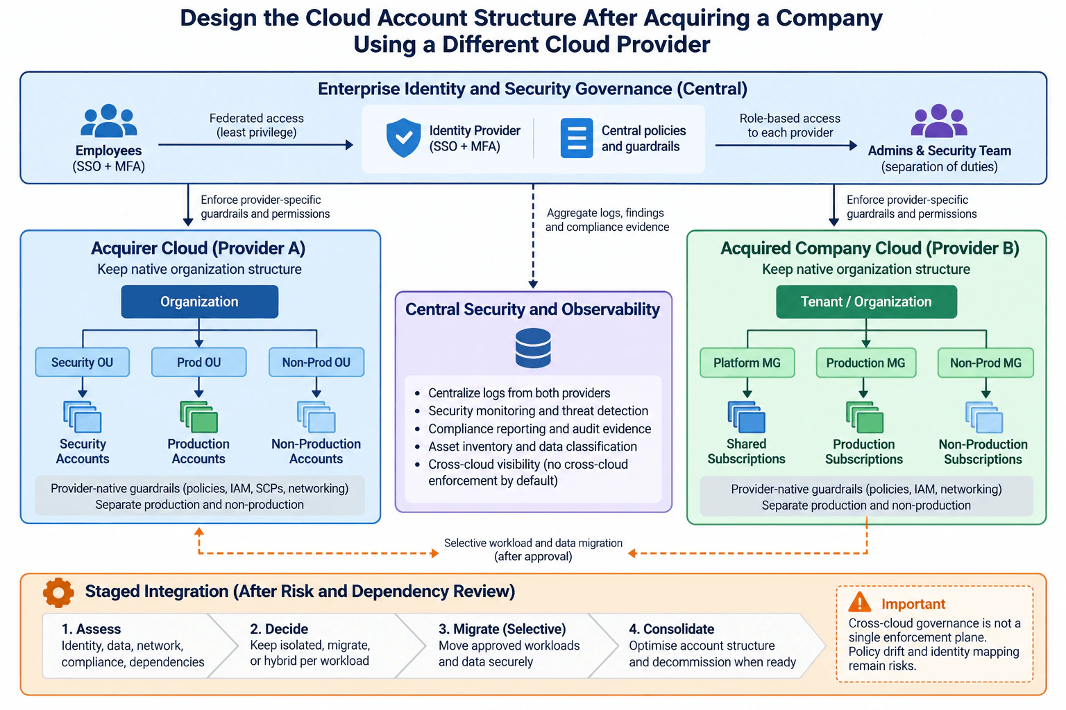 Design the cloud account structure after acquiring a company using a different cloud provider. diagram