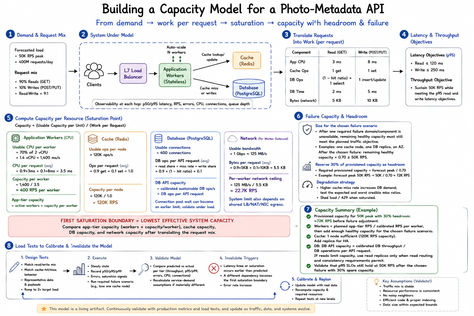 How would you build a capacity model for a photo-metadata API? diagram