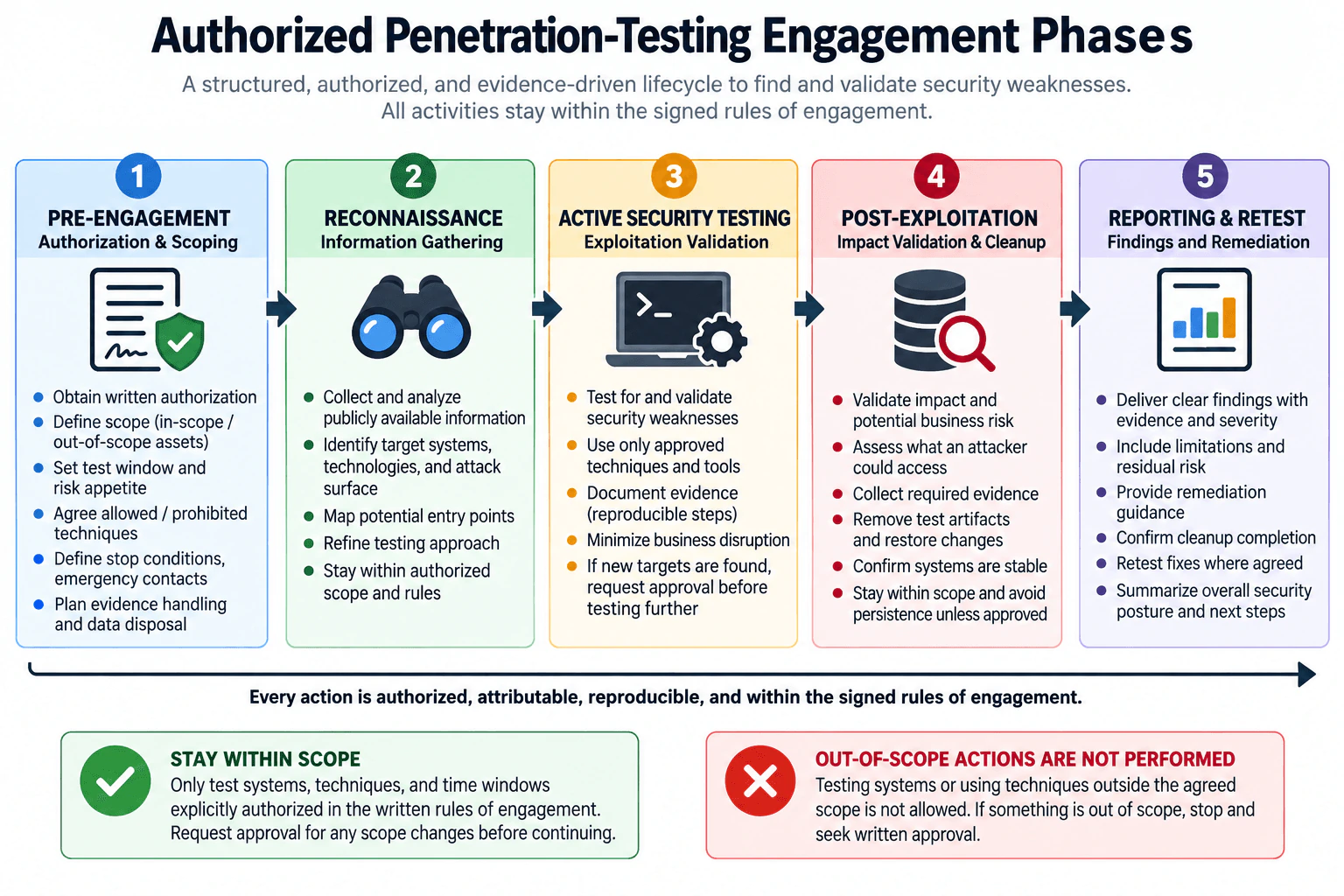 Which phases make up an authorized penetration-testing engagement? diagram