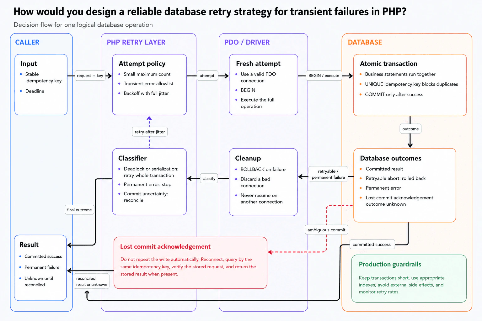 How would you design a reliable database retry strategy for transient failures in PHP? diagram