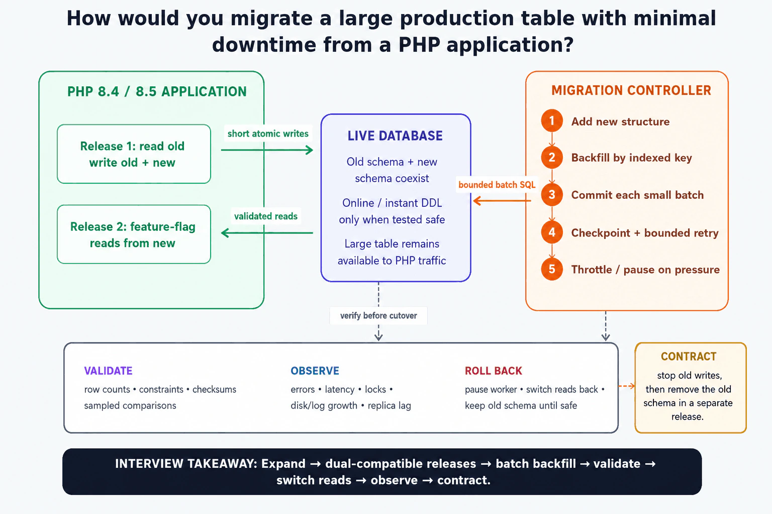How would you migrate a large production table with minimal downtime from a PHP application? diagram
