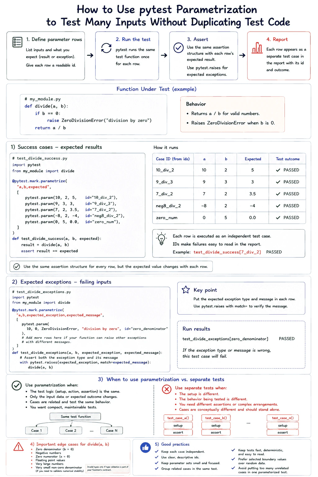 How would you use pytest parametrization to test many inputs without duplicating test code? diagram