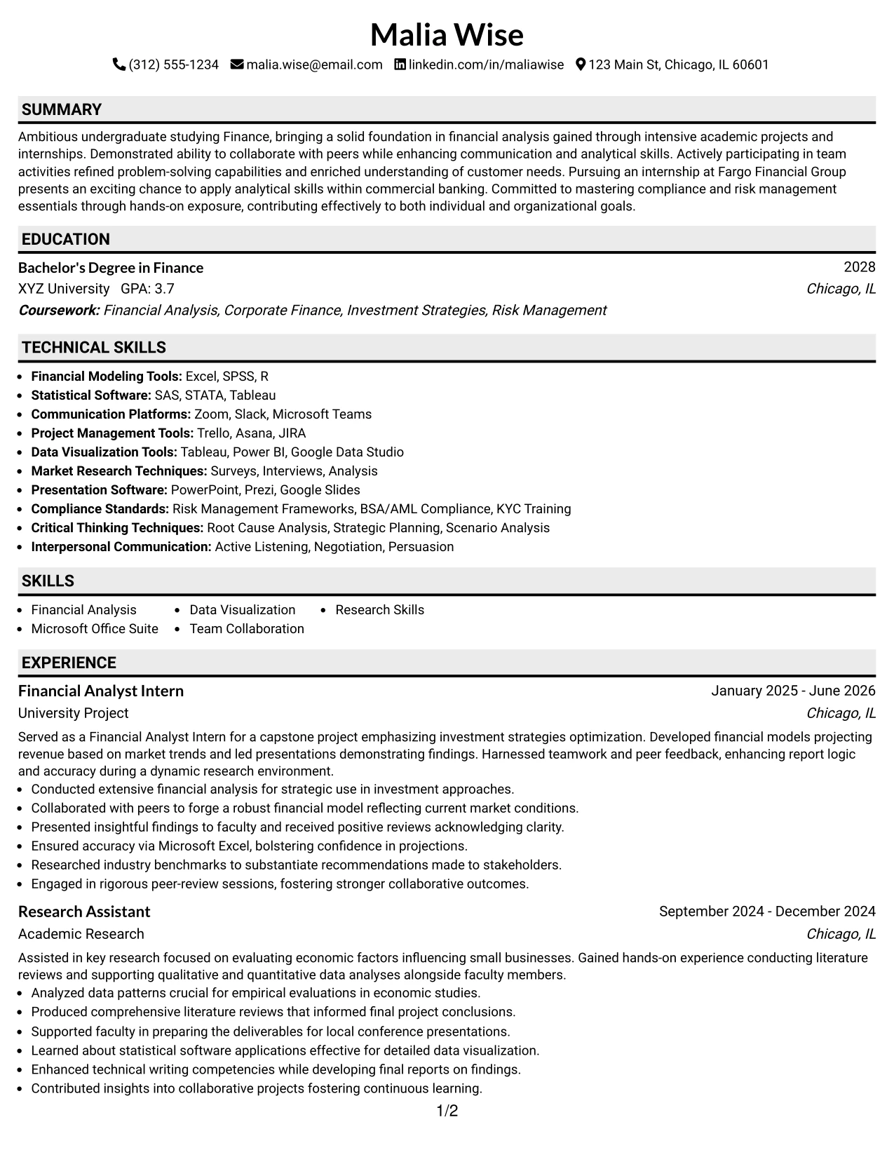 Resume Example Page 1