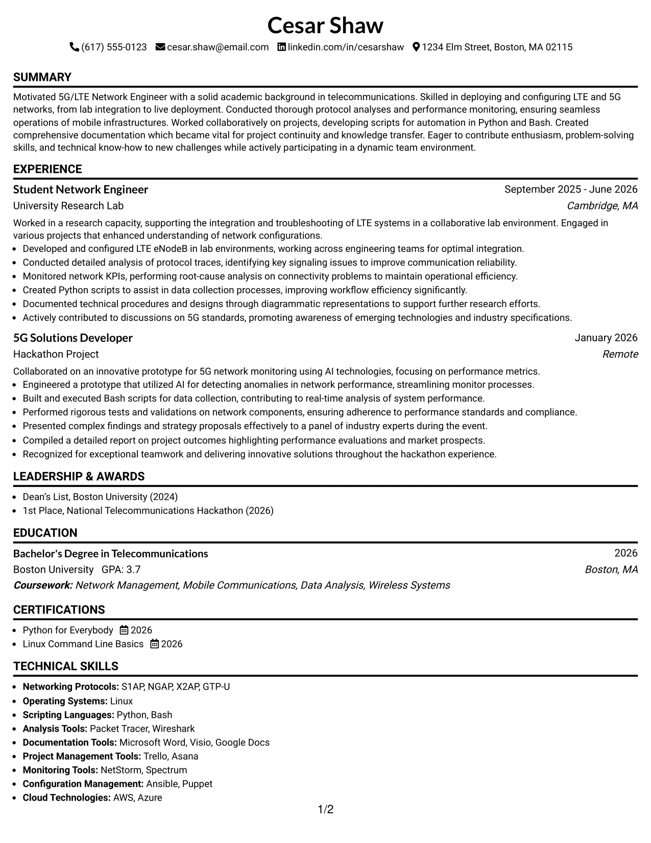 Resume Example Page 1