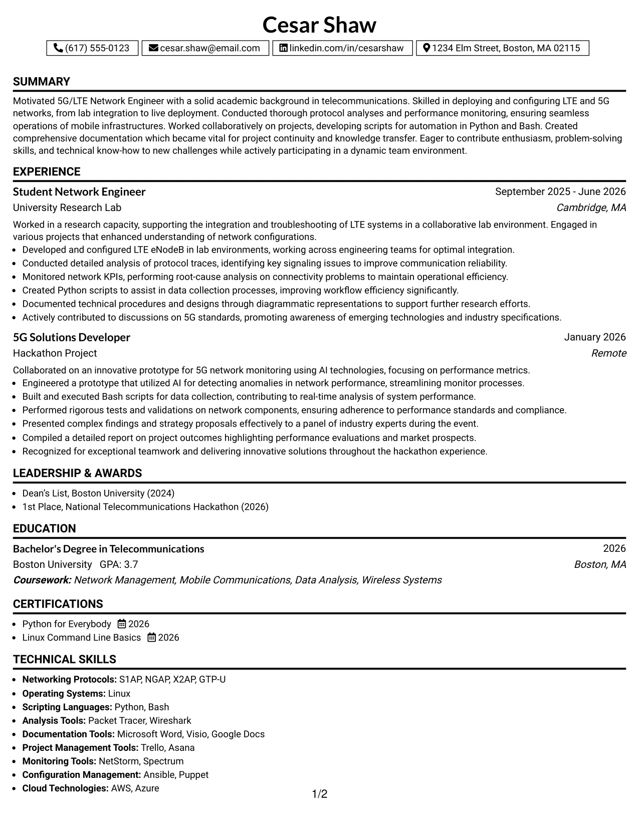 Resume Example Page 1